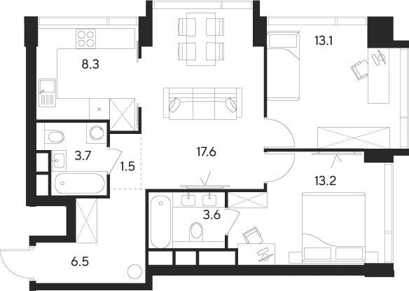 2-комн., 67.5 м², 34/43 этаж, ЖК «Инди Тауэрз от Аквилон»