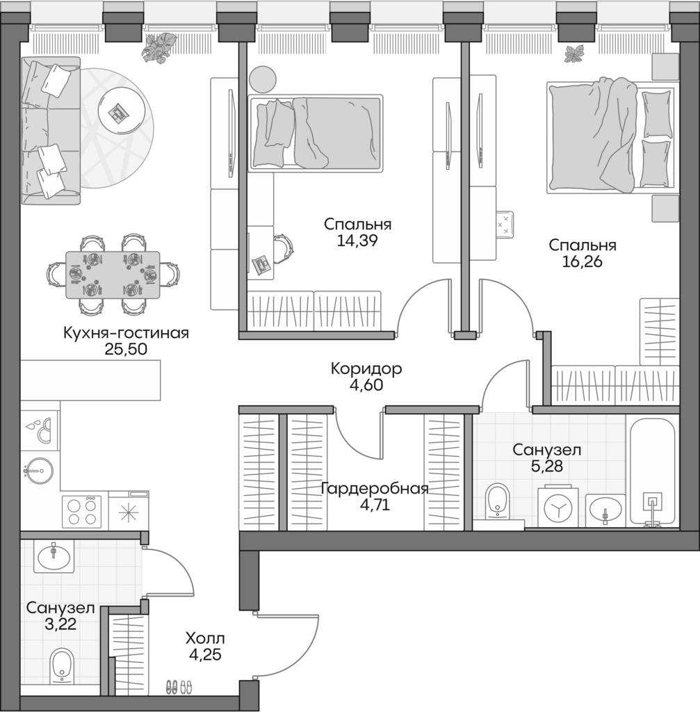 3-комн., 75.6 м², 15/16 этаж, ЖК «Инсайдер»
