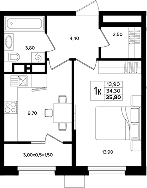 1-комн., 34.3 м², 8/15 этаж, ЖК «Лермонтов Парк»