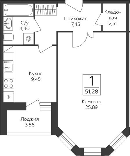1-комн., 49.5 м², 13/17 этаж, ЖК «Пахра Сити»