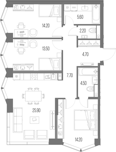 3-комн., 92.8 м², 34/34 этаж, ЖК «Северный Порт»
