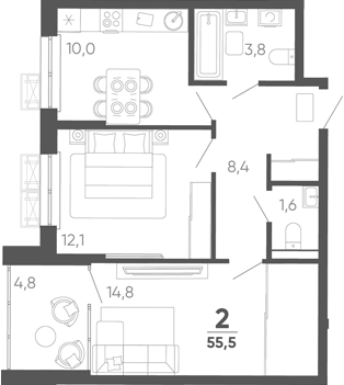 2-комн. квартира, 50.7 м² в ЖК Барса — фото 2