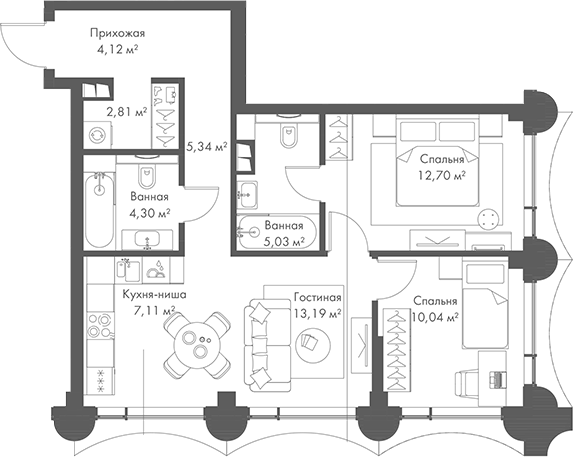 3-комн., 64.64 м², 3/17 этаж, ЖК «МИРА»