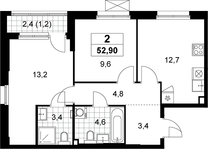 2-комн., 51.7 м², 2/15 этаж, ЖК «Прокшино»