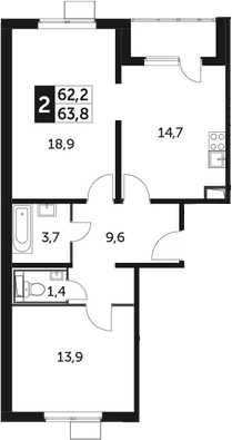 2-комн., 62.2 м², 12/23 этаж, ЖК «Южная Битца»
