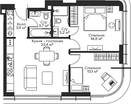 3-комн., 59.93 м², 33/54 этаж, ЖК «Сити Бэй»