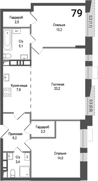 3-комн., 77.8 м², 4/8 этаж, ЖК «Киноквартал»