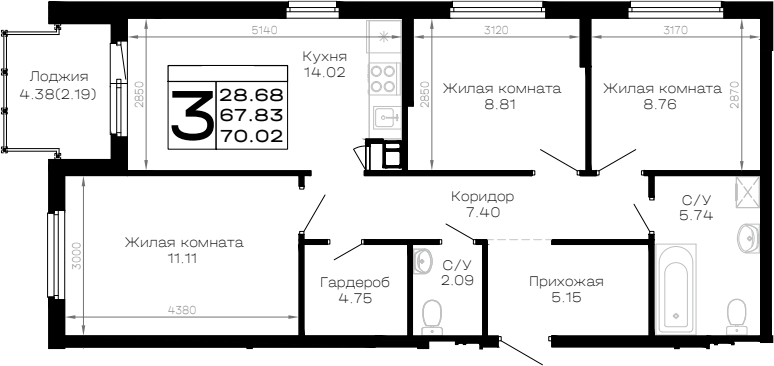 3-комн. квартира, 67.83 м² в ЖК Усадьба Гостагаевская — фото 2