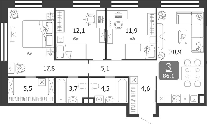 4+ комнаты, 86.1 м², 19/19 этаж, ЖК «Шагал»