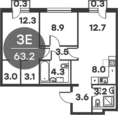 3-комн., 62.6 м², 2/6 этаж, ЖК «Равновесие»