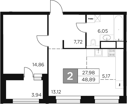 2-комн., 46.92 м², 5/15 этаж, ЖК «Восток 2»