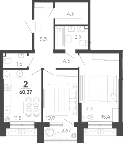 2-комн. квартира, 59.57 м² в ЖК Барса — фото 2