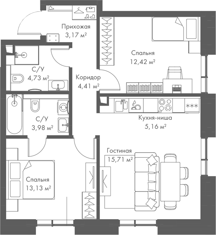 3-комн., 62.71 м², 13/23 этаж, ЖК «МИРА»