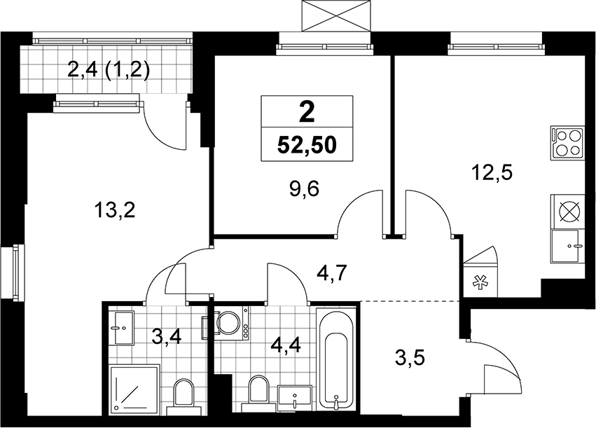 2-комн., 51.3 м², 3/15 этаж, ЖК «Прокшино»