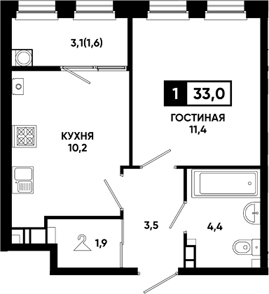 1-комн., 31.4 м², 11/14 этаж, ЖК «Резиденция Софи»