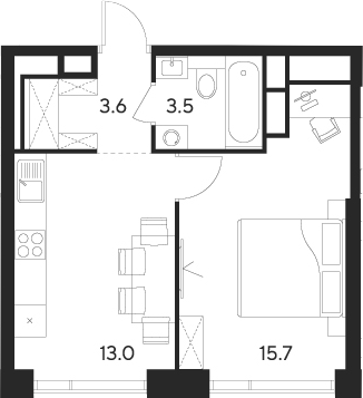 1-комн., 35.8 м², 48/55 этаж, ЖК «Инди Тауэрз от Аквилон»