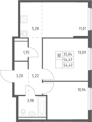 3-комн., 54.47 м², 3/13 этаж, ЖК «Горки Парк»