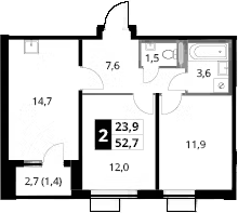 2-комн., 51.3 м², 24/24 этаж, ЖК «1-й Донской»