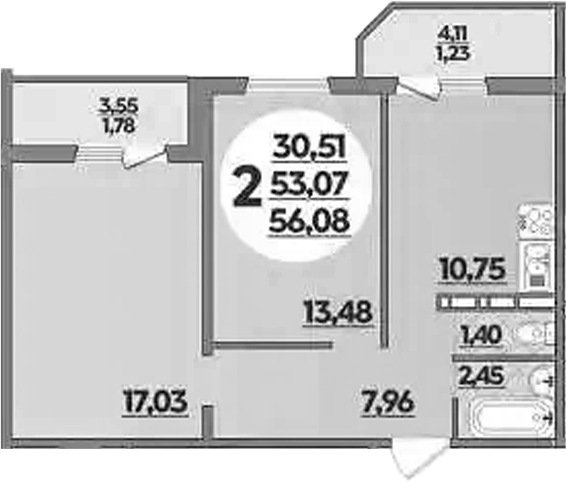 2-комн. квартира, 53.07 м² в ЖК Южная долина — фото 2