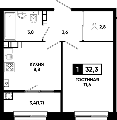 1-комн., 30.6 м², 3/14 этаж, ЖК «Резиденция Софи»