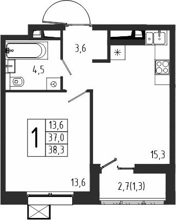 1-комн., 37 м², 2/10 этаж, ЖК «Берег»