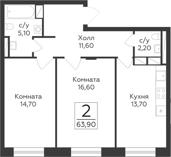 2-комн., 63.9 м², 2/17 этаж, ЖК «Малаховский»