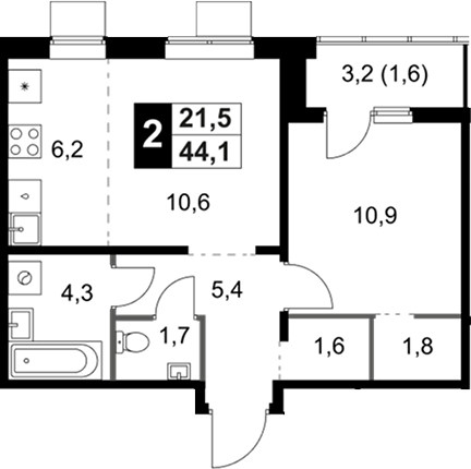 2-комн., 42.5 м², 11/18 этаж, ЖК «1-й Ясеневский»