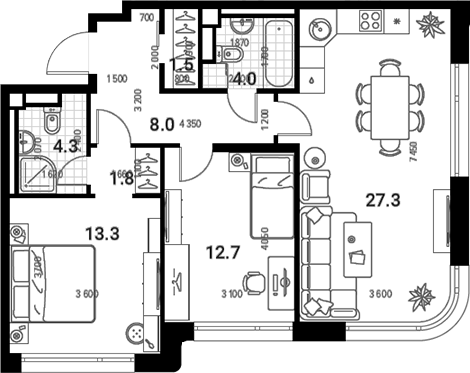 3-комн., 72.6 м², 33/35 этаж, ЖК «Нагатино Ай-Лэнд»