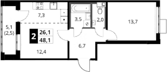 2-комн., 45.6 м², 15/16 этаж, ЖК «1-й Шереметьевский»