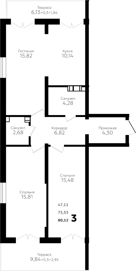3-комн., 75.33 м², 2/16 этаж, ЖК «Твин парк»