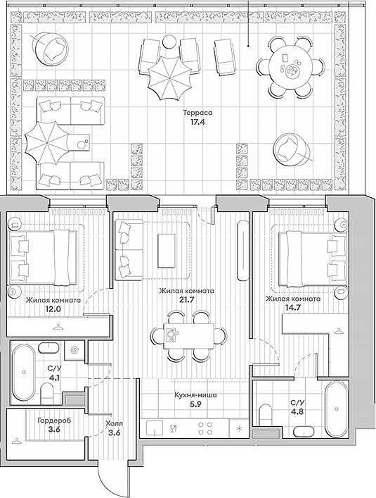 3-комн., 70.4 м², 2/4 этаж, ЖК «НАТИВ»