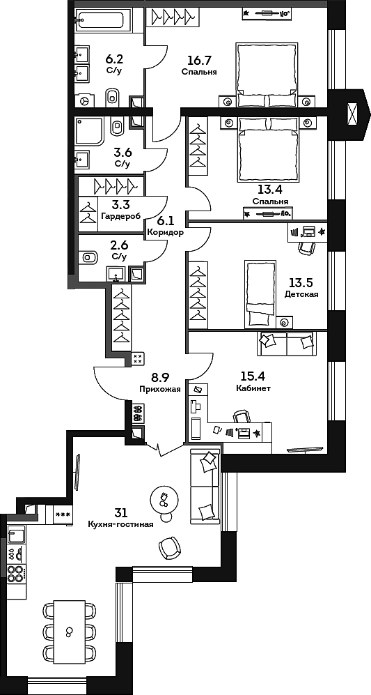 4+ комнаты, 120.7 м², 32/32 этаж, ЖК «ЭРА»