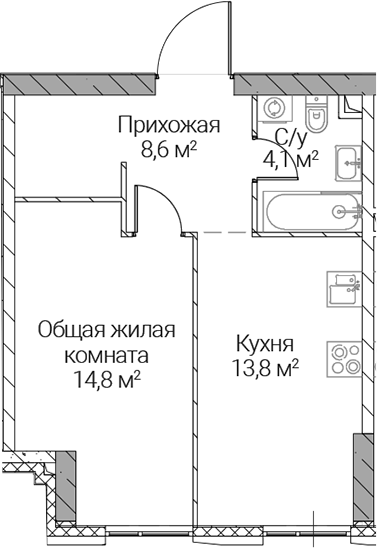 1-комн., 41.3 м², 6/36 этаж, ЖК «СЕЗАР СИЛИКА»