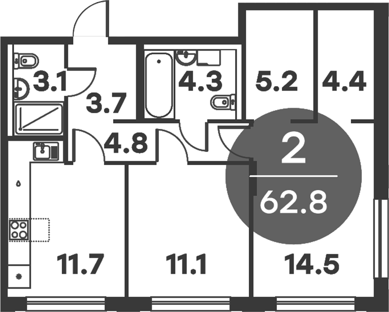2-комн., 62.8 м², 3/6 этаж, ЖК «Равновесие»