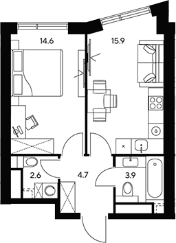 1-комн., 41.7 м², 25/46 этаж, ЖК «НЕКСУС от Аквилон»