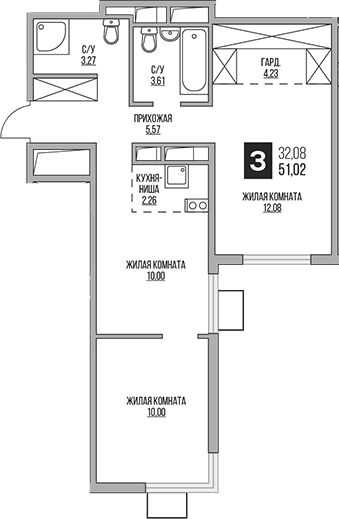3-комн., 51.02 м², 10/14 этаж, ЖК «Гранель Аникеевский»