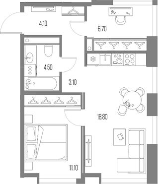 1-комн., 48.3 м², 16/20 этаж, ЖК «Северный Порт»