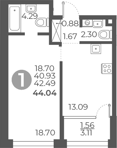 1-комн., 40.93 м², 8/9 этаж, ЖК «Мневники от Гранель»
