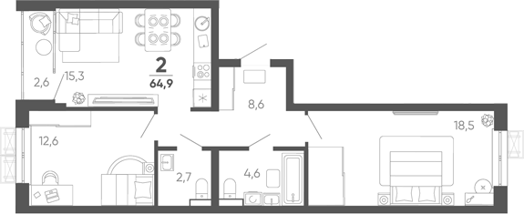 2-комн. квартира, 62.3 м² в ЖК Барса — фото 2