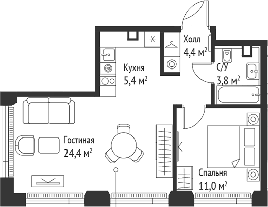 2-комн., 48.9 м², 33/52 этаж, ЖК «СЕТ»