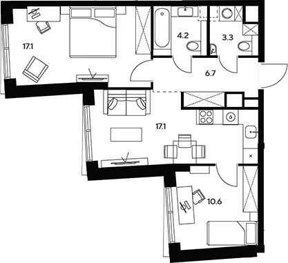 3-комн., 59 м², 22/46 этаж, ЖК «НЕКСУС от Аквилон»
