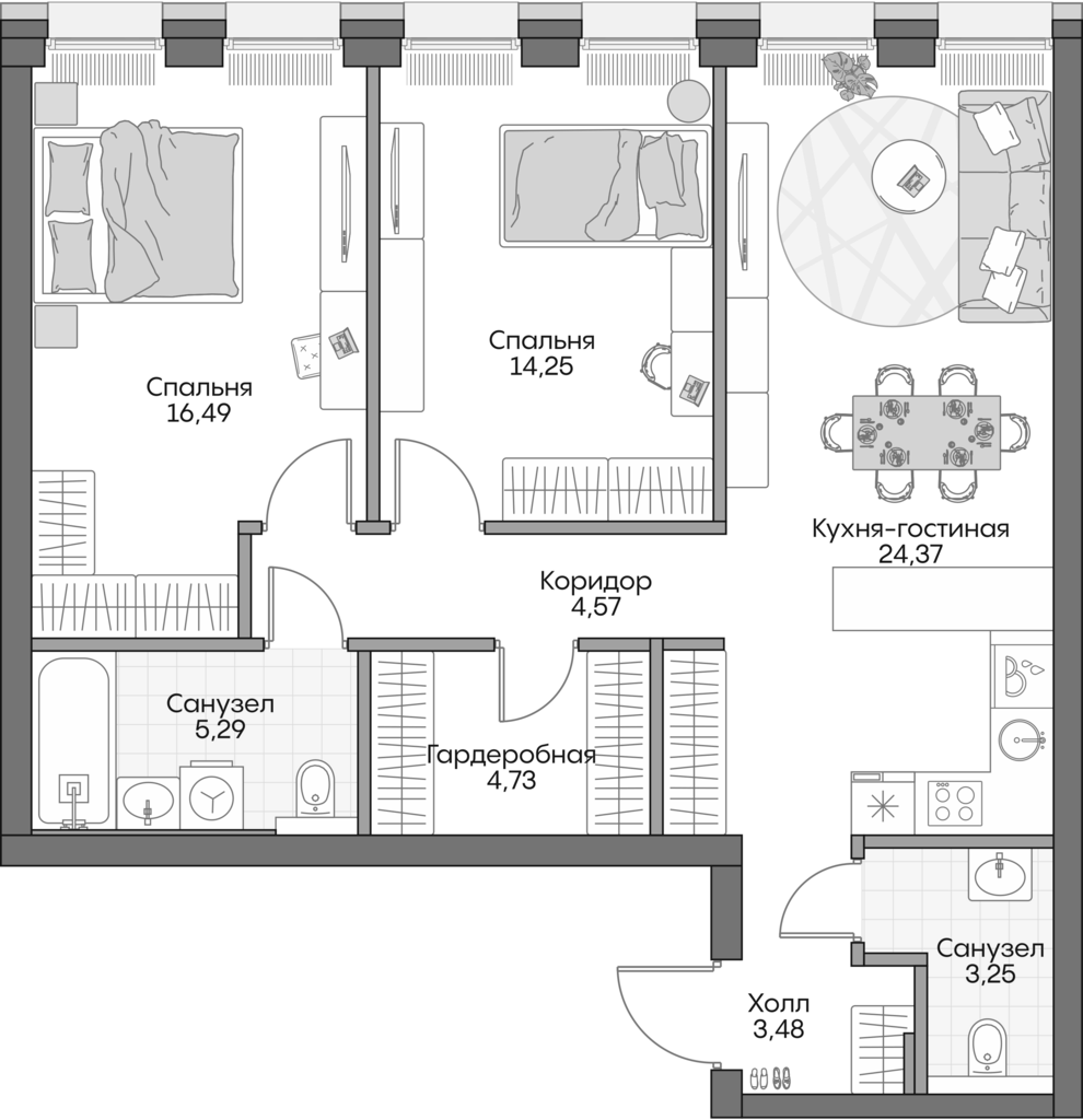 3-комн., 75.2 м², 10/16 этаж, ЖК «Инсайдер»