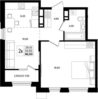 2-комн., 44.5 м², 11/15 этаж, ЖК «Лермонтов Парк»
