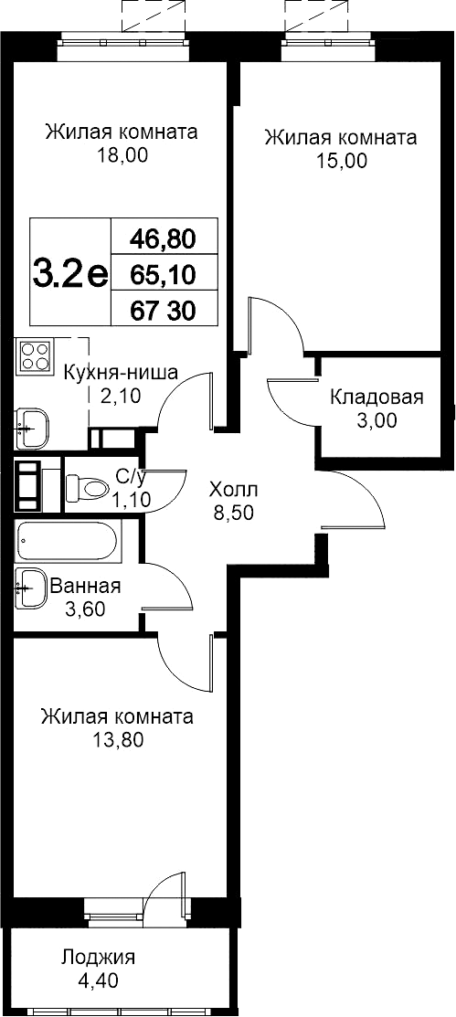 3-комн., 65.1 м², 6/12 этаж, ЖК «Кашинцево»