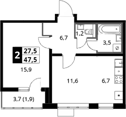 2-комн., 45.6 м², 21/22 этаж, ЖК «Южная Битца»