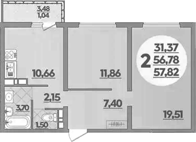 2-комн., 56.78 м², 4/16 этаж, ЖК «Восточный. Квартал №6»