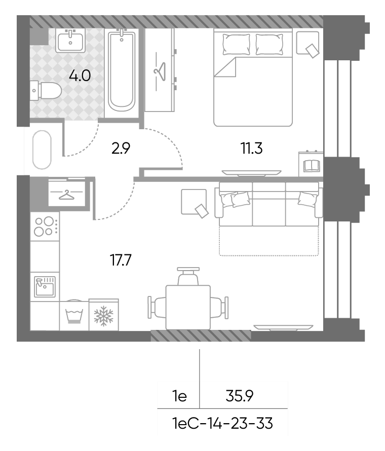 2-комн., 35.9 м², 32/43 этаж, ЖК «ЗилАрт»