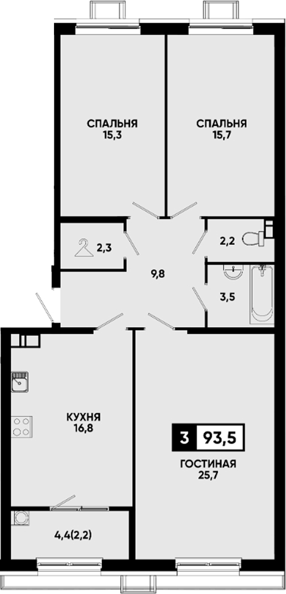 3-комн., 91.3 м², 9/12 этаж, ЖК «Квартал на курорте Моя Легенда»