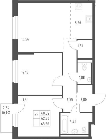3-комн., 62.86 м², 10/17 этаж, ЖК «Горки Парк»