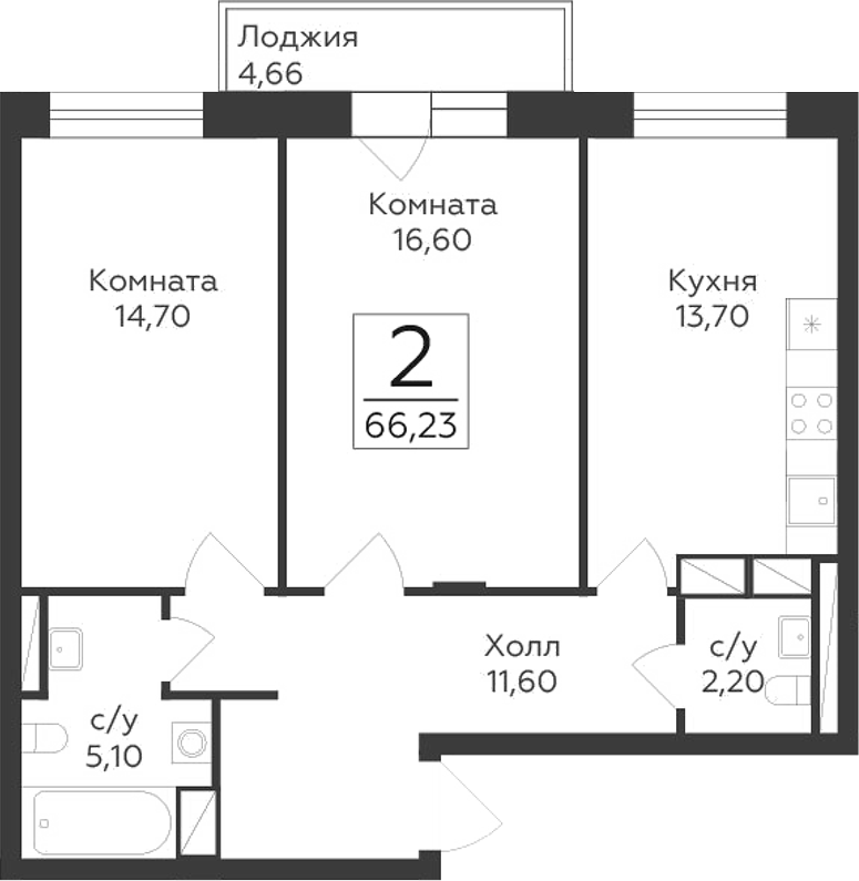 2-комн., 63.9 м², 9/17 этаж, ЖК «Малаховский»